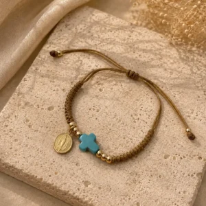 ChatGPT Image Jul 1, 2026, 03_59_45 PM Handmade Tan String Bracelet with Aqua Cross