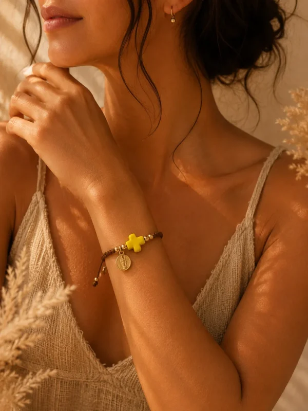 ChatGPT Image Jul 5, 2026, 08_06_18 PM Handmade Tan String Bracelet with Yellow Cross
