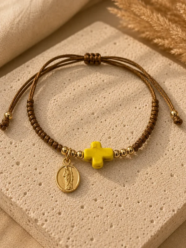 ChatGPT Image Jul 5, 2026, 08_12_06 PM Handmade Tan String Bracelet with Yellow Cross