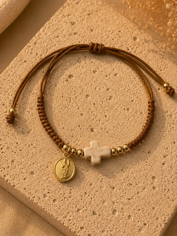 ChatGPT Image Jul 5, 2026, 08_15_37 PM Handmade Tan String Bracelet with Tan Cross