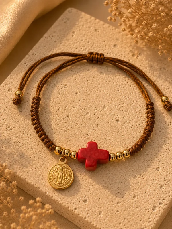 ChatGPT Image Jul 5, 2026, 08_22_24 PM Handmade Tan String Bracelet with Red Cross