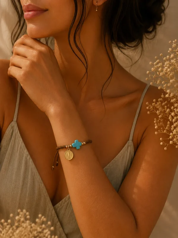 ChatGPT Image Jul 5, 2026, 08_40_02 PM Handmade Tan String Bracelet with Aqua Cross