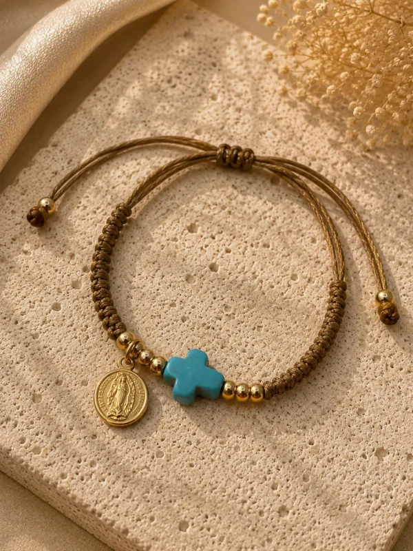 ChatGPT Image Jul 5, 2026, 08_41_35 PM Handmade Tan String Bracelet with Aqua Cross