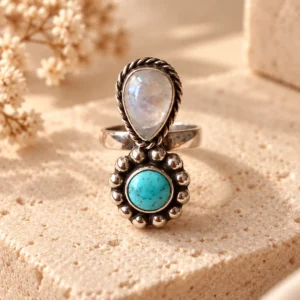Luna Bloom Larimar & Moonstone Adjustable Silver Ring