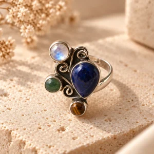 Celestial Trio Adjustable Ring | Lapis Lazuli, Moonstone & Malachite